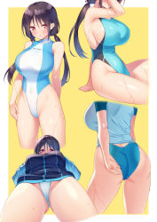 Rule 34 | 1girl, adjusting clothes, adjusting swimsuit, ass, black hair, blush, breasts, commentary request, competition swimsuit, cowboy shot, from behind, from below, gluteal fold, groin, highleg, highres, kazuma (kazumav), large breasts, long hair, long sleeves, looking at viewer, low twintails, multiple views, one-piece swimsuit, original, red eyes, sideboob, simple background, swimsuit, swimsuit under clothes, twintails, two-tone background, wet, zipper
