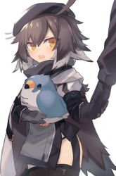 Rule 34 | 1girl, 1other, aged down, ahoge, ambiguous gender, arknights, armband, beret, black gloves, black headwear, black thighhighs, blush, brown hair, cloak, commentary request, feathers, garter straps, gloves, grey shirt, hair between eyes, hat, holding, holding hands, holding stuffed toy, infection monitor (arknights), looking at viewer, multicolored hair, open mouth, out of frame, plume (arknights), sasa onigiri, shirt, simple background, stuffed animal, stuffed bird, stuffed toy, thighhighs, thighs, two-tone hair, white background, white hair, yellow eyes