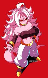 Rule 34 | 1girl, absurdres, android 21, black nails, breasts, cleavage, dragon ball, dragon ball fighterz, earrings, highres, jewelry, large breasts, long hair, looking at viewer, majin android 21, nail polish, pants, red background, red eyes, shoes, simple background, solo, sottart, tail, white hair