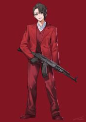 Rule 34 | 1boy, absurdres, akm, assault rifle, black gloves, blazer, brown eyes, brown hair, collared shirt, detonator (esports), dot nose, formal, full body, gloves, go tsukishima, gun, highres, holding, holding gun, holding weapon, invisible floor, jacket, kalashnikov rifle, looking at viewer, nemoto yuuma, open mouth, pants, red footwear, red pants, red suit, red vest, rifle, shirt, short hair, simple background, smile, solo, standing, suit, tongue, vest, weapon, white shirt