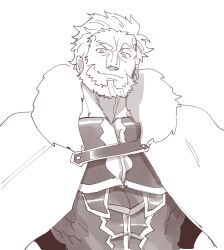 Rule 34 | 1boy, armor, beard, cape, facial hair, fate/grand order, fate/zero, fate (series), fur-trimmed cape, fur trim, halorane, iskandar (fate), large pectorals, long sideburns, looking at viewer, male focus, mature male, monochrome, muscular, muscular male, pectorals, short hair, sideburns, simple background, smile, solo, upper body, white background
