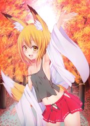 Rule 34 | 1girl, animal ears, arm up, armpits, autumn, autumn leaves, bare shoulders, blonde hair, blush, breasts, camisole, collarbone, fox ears, fox tail, hair between eyes, hakama, hakama short skirt, hakama skirt, japanese clothes, kimono, looking at viewer, merxkialis, midriff, miko, navel, open clothes, open kimono, open mouth, original, outdoors, panties, short hair, sideboob, skirt, small breasts, smile, solo, strap slip, tail, teeth, tree, underwear, white panties, wide sleeves, yellow eyes