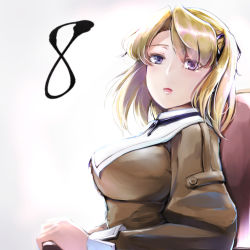 Rule 34 | 1girl, backlighting, blonde hair, chair, commentary request, from side, highres, looking at viewer, looking to the side, open mouth, purple eyes, rance (series), rance 10, rance vi, short hair, simple background, sitting, solo, urza pranaice, usutominsutaa