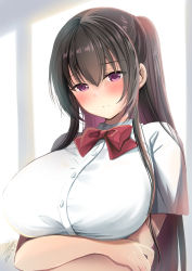 Rule 34 | 1girl, absurdres, azuma yuki, black hair, blush, breasts, closed mouth, collared shirt, commentary request, crossed arms, dated, hair between eyes, highres, large breasts, long hair, looking at viewer, original, purple eyes, school uniform, shirt, sidelocks, signature, solo, standing, uniform, upper body, white shirt