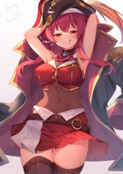 Rule 34 | 1girl, :q, armpits, arms up, arrow through heart, bare shoulders, bicorne, black coat, black thighhighs, blush, bodystocking, breasts, brooch, cleavage, coat, commentary, covered navel, hair ribbon, hat, heterochromia, highres, hololive, houshou marine, jewelry, large breasts, leotard, leotard under clothes, long hair, looking at viewer, md5 mismatch, nahaki, no eyepatch, pirate hat, red eyes, red hair, red skirt, resolution mismatch, ribbon, see-through, see-through cleavage, see-through leotard, skirt, smile, solo, source larger, thighhighs, tongue, tongue out, twintails, virtual youtuber, yellow eyes, zettai ryouiki