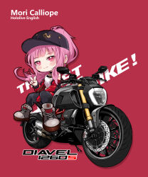 Rule 34 | 1girl, absurdres, baseball cap, black pants, blush, character name, chibi, copyright name, ducati, ducati diavel 1260, english text, grey footwear, hat, highres, hololive, hololive english, jacket, long hair, looking at viewer, mori calliope, mori calliope (streetwear), motor vehicle, motorcycle, multicolored clothes, multicolored jacket, official alternate costume, on motorcycle, pants, pink hair, ponytail, red background, red eyes, shoes, sitting, smile, sneakers, solo, track pants, two-tone jacket, v, vehicle name, virtual youtuber, yoyoko707
