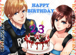 Rule 34 | &gt;:), 1boy, 1girl, 2019, bare arms, bare shoulders, birthday, black gloves, blue eyes, blue shirt, blue tube top, breasts, brown hair, cake, candle, capcom, cleavage, closed mouth, coat, collarbone, copyright name, dated, english text, fingerless gloves, food, fruit, gloves, happy birthday, hat, holding, holding cake, holding food, jill valentine, leon s. kennedy, light brown hair, lips, looking at viewer, medium breasts, mr. x (resident evil), nagare, neck, nemesis (resident evil), open mouth, resident evil, resident evil 1, resident evil 2, resident evil 3, resident evil 3: nemesis, shirt, short hair, side-by-side, simple background, strapless, strawberry, strawberry cake, teeth, trench coat, tube top, upper body, vest, zombie
