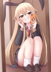 Rule 34 | 1girl, absurdres, alternate costume, blonde hair, blush, cardigan under jacket, cellphone, commentary request, female pov, grey eyes, grin, highres, kantai collection, loafers, long hair, looking at mirror, loose socks, mirror, necktie, phone, pov, red necktie, school uniform, serafuku, shimakaze (kancolle), shoes, sidelocks, smartphone, smile, socks, solo, squatting, tiemu (man190), v, very long hair