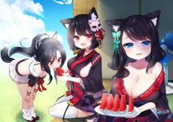 Rule 34 | 3girls, :d, animal ear fluff, animal ears, azur lane, bare shoulders, bell, black hair, black kimono, black shirt, blue eyes, blue sky, blush, breasts, butterfly hair ornament, cat ears, cat mask, cleavage, cloud, cloudy sky, collarbone, commentary request, crop top, day, electric fan, fang, floral print, food, fusou (azur lane), hair ornament, hands on legs, holding, holding food, holding plate, japanese clothes, jingle bell, kimono, kokone (coconeeeco), large breasts, leaning forward, long hair, long sleeves, looking at viewer, loose socks, mask, mask on head, mechanical ears, midriff, multiple girls, nail polish, off shoulder, open mouth, outdoors, plate, pleated skirt, ponytail, popsicle, print kimono, puffy short sleeves, puffy sleeves, red eyes, ribbon trim, round teeth, shigure (azur lane), shirt, short kimono, short sleeves, sidelocks, skirt, sky, smile, socks, tail, teeth, thighhighs, upper teeth only, very long hair, watermelon bar, white legwear, white skirt, wide sleeves, wind chime, wolf ears, wolf girl, wolf tail, yamashiro (azur lane)