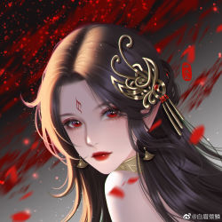 Rule 34 | 1girl, backlighting, bai mei qing lin, black hair, cai lin (doupo cangqiong), closed mouth, doupo cangqiong, earrings, facial mark, falling petals, forehead mark, from side, hair ornament, highres, jewelry, long hair, looking at viewer, petals, pointy ears, solo, upper body