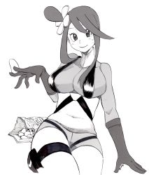Rule 34 | 1girl, absurdres, arm support, bag of chips, belly, between fingers, blush, breasts, chips (food), chouku tetsushitsuiwa, creatures (company), crop top, food, game freak, gloves, greyscale, gym leader, hair ornament, hand up, harness, highres, hip focus, holding, holster, impossible clothes, large breasts, long hair, long sleeves, looking at viewer, midriff, monochrome, navel, nintendo, pokemon, pokemon bw, potato chips, short shorts, shorts, sidelocks, signature, simple background, skindentation, skyla (pokemon), smile, solo, stomach, sweat, swept bangs, thigh holster, thighs, turtleneck, twitter username, white background