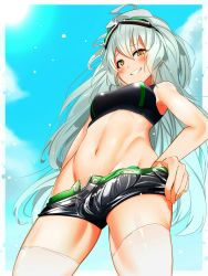 Rule 34 | 1girl, aek-999 (girls&#039; frontline), blue sky, blush, breasts, bulge, commentary request, erection, erection under clothes, from below, futanari, girls&#039; frontline, goggles, goggles on head, grey hair, hair between eyes, highres, large breasts, long hair, looking at viewer, navel, shimizu ginkaku, short shorts, shorts, sky, solo, thighhighs, white thighhighs, yellow eyes