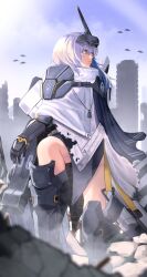 Rule 34 | 123nasub, 1girl, absurdres, armor, armored boots, boots, cape, cityscape, cloak, dog tags, feet out of frame, goddess of victory: nikke, headgear, highres, looking to the side, mecha musume, mechanical arms, shoulder armor, single mechanical arm, sky, snow white (nikke), solo, visor (armor), visor lift, white cape, white cloak, white hair, yellow eyes