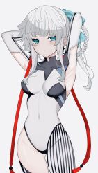 Rule 34 | 1girl, armpit cutout, armpits, arms up, black bodysuit, bodysuit, braided hair rings, breasts, clothing cutout, covered navel, earrings, fate/grand order, fate/samurai remnant, fate (series), green eyes, hair ribbon, highres, jewelry, long hair, looking at viewer, mati5572, medium breasts, ponytail, revision, ribbon, sidelocks, solo, thigh cutout, thighs, two-tone bodysuit, white bodysuit, white hair, yui shousetsu (fate), yui shousetsu (first ascension) (fate)