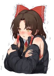 Rule 34 | 1girl, armpit peek, black jacket, blush, bow, brown hair, cold, crossed arms, detached sleeves, frilled bow, frills, hair bow, hair tubes, hakurei reimu, highres, jacket, long hair, nose blush, parted bangs, pocche-ex, red bow, runny nose, sleeveless, sleeveless jacket, snot, solo, touhou, trembling, yellow eyes