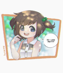 Rule 34 | 1girl, alternate costume, alternate hairstyle, artist name, bare arms, blue background, blue eyes, blush, brown hair, button, button shirt, child, collared shirt, collared vest, english text, fingernails, freckles, green background, green hair ornament, hand up, indie virtual youtuber, lily hopkins, looking at viewer, messy hair, multicolored background, open mouth, orange frame, question mark, raised eyebrows, shade, shadow, shiny skin, shirt, signature, simple background, sleeveless, source request, speech bubble, sunlight, teeth, tongue, twintails, upper body, upper teeth only, vest, virtual youtuber, white background, yokappa (jokappa)