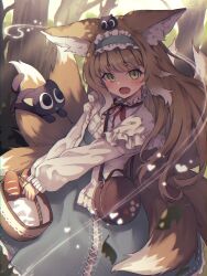 Rule 34 | 1girl, animal ears, arknights, bag, baguette, basket, black cat, blonde hair, blue hairband, blue skirt, bread, cat, commentary request, crossover, day, food, fox ears, fox girl, fox tail, frilled hairband, frills, green eyes, hairband, heixiu, highres, holding, holding basket, jacket, kitsune, long hair, looking at viewer, luo xiaohei, multicolored hair, neck ribbon, on head, open clothes, open jacket, open mouth, outdoors, red ribbon, ribbon, ryuinu, shirt, shoulder bag, skirt, suzuran (arknights), suzuran (spring praise) (arknights), tail, luo xiaohei zhanji, tree, two-tone hair, very long hair, white hair, white jacket, white shirt