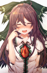 Rule 34 | 1girl, absurdres, black wings, blush, bow, breasts, brown eyes, collared shirt, commentary request, commission, closed eyes, facing viewer, fang, green bow, hair between eyes, hair bow, highres, long hair, medium breasts, nose blush, open mouth, reiuji utsuho, shirt, short sleeves, simple background, skin fang, smile, solo, torottye, touhou, upper body, white background, white shirt, wing collar, wings