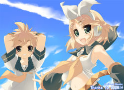 Rule 34 | 1boy, 1girl, amanooni touri, armpits, brother and sister, cloud, day, milestone celebration, kagamine len, kagamine rin, outdoors, pagehit, siblings, sky, twins, vocaloid