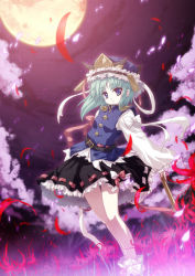 Rule 34 | 1girl, aqua hair, belt, blue eyes, bow, cherry blossoms, female focus, flower, hat, moon, night, petals, rod of remorse, shiki eiki, short hair, skirt, solo, spider lily, tokiame, touhou, wind