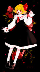 Rule 34 | 1girl, :d, absurdres, black background, black dress, black footwear, blonde hair, commentary, dated, dress, fangs, frilled shirt collar, frills, full body, hand up, highres, long sleeves, looking at viewer, necktie, open mouth, red eyes, red nails, red necktie, red ribbon, ribbon, ringocha, rumia, shirt, short hair, simple background, smile, socks, solo, touhou, white shirt, white socks