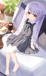 Rule 34 | 1girl, :o, barefoot, black bow, bow, brown eyes, cake, cake slice, ciela (yuuhagi (amaretto-no-natsu)), collared shirt, cup, dress shirt, feet, food, fork, grey skirt, grey vest, hair between eyes, legs, long hair, looking at viewer, mug, original, parted lips, plant, plate, pleated skirt, potted plant, purple hair, shirt, sitting, skirt, solo, table, toes, two side up, very long hair, vest, white shirt, yuuhagi (amaretto-no-natsu)