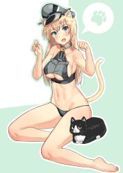 Rule 34 | &gt;:d, 1girl, :d, abs, adapted costume, animal ears, bad id, bad pixiv id, bare legs, bare shoulders, barefoot, bell, bikini, bismarck (kancolle), blonde hair, blue eyes, blush, breasts, cat, cat ears, cat tail, cleavage, clothing cutout, collar, commentary request, fang, full body, grey bikini, hat, head tilt, highres, jingle bell, jpeg artifacts, kantai collection, kemonomimi mode, large breasts, long hair, navel, neck bell, open mouth, osananajimi neko, paw print, peaked cap, revision, simple background, sitting, smile, solo, speech bubble, swimsuit, tail, underboob, underboob cutout, unsinkable sam, v-shaped eyebrows, yokozuwari
