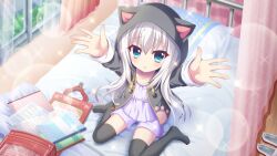 Rule 34 | 1girl, aged down, animal hood, arms up, backpack, bag, black hoodie, black jacket, black thighhighs, blue eyes, cat hood, child, dot nose, dress, film grain, from above, game cg, hood, hoodie, infirmary, izumi tsubasu, jacket, long hair, nishidate haku, non-web source, notebook, official art, on bed, open bag, outstretched arms, parted lips, pillow, randoseru, re:stage!, school, shoes, shoes removed, sitting, solo, thighhighs, wariza, white dress, white footwear, white hair, window, wooden floor