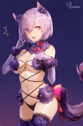 Rule 34 | 1girl, :o, ^^^, animal ears, black panties, blush, cowboy shot, elbow gloves, eyes visible through hair, fate/grand order, fate (series), fur collar, fur trim, gloves, gradient background, hair over one eye, hands up, highres, kim eb, lace, lace-trimmed legwear, lace trim, mash kyrielight, mash kyrielight (dangerous beast), navel, official alternate costume, open mouth, panties, purple background, purple eyes, purple gloves, purple hair, solo, tail, thighhighs, underwear, wolf ears, wolf tail
