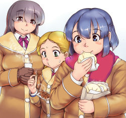 Rule 34 | 3girls, bag, baozi, blonde hair, blowing, blue eyes, blue hair, blush, breasts, brown coat, brown eyes, brown hair, closed mouth, coat, collared shirt, cup, dress shirt, eating, eyes visible through hair, fat, fat step-sister (orizen), food, gradient background, green eyes, hair between eyes, hair over eyes, half updo, head tilt, holding, large breasts, long sleeves, looking at another, matching hair/eyes, multiple girls, neck ribbon, original, orizen, own hands together, paper bag, parted bangs, plump, puckered lips, purple ribbon, red ribbon, red scarf, ribbon, scarf, shirt, short hair, steam, takoyaki, toothpick, white background, white shirt, wing collar