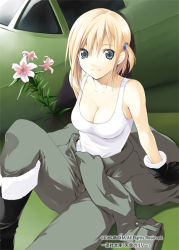 Rule 34 | 1girl, aircraft, airplane, black footwear, black gloves, blonde hair, blue eyes, boots, breasts, car, cleavage, clothes around waist, female focus, flower, fur boots, gloves, jacket, jacket around waist, large breasts, lily (tenkuu no lily), long hair, looking at viewer, masya, motor vehicle, pants, short hair, side ponytail, sitting, sleeveless, smile, solo, tank top, tenkuu no lily, vehicle