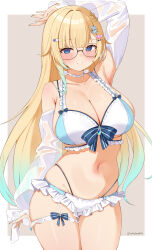 1girl absurdres aizawa_ema aqua_hair aqua_nails arm_up armpit_crease armpits bikini blonde_hair blue_eyes blush breasts cattleya_regina_games choco_tanuki cleavage collarbone detached_sleeves frilled_bikini frills glasses gradient_hair grin groin hair_ornament hairclip highres large_breasts long_hair midriff multicolored_hair nail_polish navel see-through_clothes see-through_sleeves simple_background smile solo swimsuit thigh_gap thigh_strap thighs vspo!