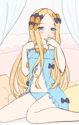 Rule 34 | 1girl, abigail williams (fate), absurdres, babydoll, bare arms, bare shoulders, black bow, blonde hair, blue babydoll, blue eyes, blue panties, blush, bow, closed mouth, collarbone, curtains, fate/grand order, fate (series), forehead, hair bow, hands up, highres, long hair, moyoron, orange bow, panties, parted bangs, pillow, smile, solo, underwear, underwear only, very long hair
