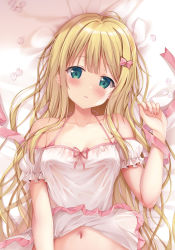 Rule 34 | 1girl, animal ears, antenna hair, bare shoulders, bed sheet, blonde hair, blush, bow, breasts, breasts apart, collarbone, commentary request, covered erect nipples, dress, frilled sleeves, frills, from above, hair bow, hair ornament, hairclip, halterneck, head tilt, highres, long hair, looking at viewer, lying, nail polish, navel, no bra, off-shoulder dress, off shoulder, on back, original, parted lips, petals, pink bow, pink nails, pink ribbon, puffy short sleeves, puffy sleeves, ribbon, see-through, short sleeves, small breasts, solo, sousouman, tareme, upper body, very long hair, wet, wet clothes, wet dress, white dress