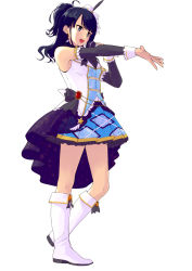 Rule 34 | 1girl, :d, bare shoulders, black bow, blue eyes, blue hair, blue skirt, boots, bow, breasts, copyright request, detached sleeves, earrings, frilled sleeves, frills, full body, hat, highres, holding, holding microphone, jewelry, knee boots, long hair, looking back, microphone, mini hat, miniskirt, mizuki (mizuki ame), mole, mole under mouth, music, open mouth, outstretched arm, pleated skirt, short ponytail, singing, skirt, small breasts, smile, solo, standing, star (symbol), waist cape, white footwear, white hat, wing earrings