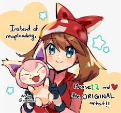 Rule 34 | 1girl, bandana, black gloves, blue eyes, brown hair, closed mouth, commentary, creatures (company), english commentary, english text, eyelashes, game freak, gen 3 pokemon, gloves, hair between eyes, heart, highres, holding, holding pokemon, kash-phia, like and retweet, looking at viewer, may (pokemon), nintendo, pokemon, pokemon (anime), pokemon (creature), pokemon rse (anime), red bandana, red shirt, shirt, short sleeves, skitty, smile, star (symbol), twitter username, two-tone gloves, upper body, white gloves