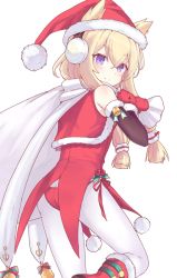 Rule 34 | 1girl, animal ears, arm warmers, ass, azur lane, bell, blonde hair, blush, boots, capelet, closed mouth, dress, ears through headwear, from behind, fur trim, hair between eyes, hair ornament, hat, holding, holding sack, isao (wasamoti), leg up, long hair, looking at viewer, looking back, mittens, panties, pantyhose, pom pom (clothes), purple eyes, red capelet, red dress, red footwear, red hat, red mittens, red panties, sack, santa costume, santa hat, scarf, side-tie panties, simple background, smile, solo, thick eyebrows, underwear, warspite (azur lane), warspite (christmas warrior) (azur lane), white background, white pantyhose, white scarf