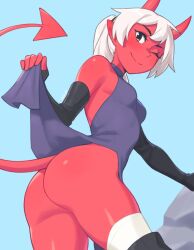 Rule 34 | 1girl, ass, bare shoulders, breasts, colored skin, demon girl, demon horns, demon tail, fingerless gloves, gloves, hair between eyes, highres, horns, li (rob ishi), looking at viewer, original, pointy ears, ponytail, red horns, red skin, rob ishi, shiny skin, small breasts, smile, solo, tail, thighhighs, white hair
