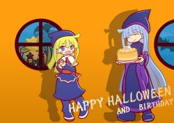 Rule 34 | 2girls, blonde hair, blue dress, blue eyes, cake, dress, closed eyes, food, full body, grandmother and granddaughter, grey hair, own hands clasped, happy birthday, happy halloween, hat, jack-o&#039;-lantern, jewelry, long hair, madou monogatari, multiple girls, mzkn002, necklace, official style, orange background, own hands together, pumpkin, puyopuyo, shadow, shawl, smile, wish (puyopuyo), witch (puyopuyo)