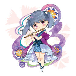 Rule 34 | 1girl, bare shoulders, blue dress, blue hair, blush, character request, cherry blossom print, chibi, closed mouth, dress, floral print, flute, hair ornament, head tilt, holding, holding instrument, instrument, looking at viewer, lowres, miyabi akino, music, nadeshiko doremisora, playing instrument, pleated dress, purple eyes, purple scarf, scarf, short hair, short twintails, sleeveless, sleeveless dress, smile, solo, twintails