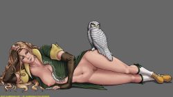 Rule 34 | 1girl, aged up, bird, blonde hair, breasts, castlevania (series), castlevania: symphony of the night, fingerless gloves, gloves, large breasts, looking at viewer, lying, maria renard, mugensaku, owl, pubic hair, simple background, socks, uncensored