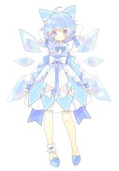 Rule 34 | 1girl, :|, adapted costume, ahoge, ankle cuffs, arms at sides, blue bow, blue bowtie, blue dress, blue eyes, blue footwear, blue hair, blue ribbon, blush, bow, bowtie, cirno, closed mouth, collared dress, commentary, dress, expressionless, eyebrows hidden by hair, full body, hair bow, hair ribbon, highres, ice, ice wings, leg ribbon, light blue hair, long sleeves, looking at viewer, nikorashi-ka, ribbon, shoes, short hair, simple background, sleeve cuffs, solo, standing, touhou, waist bow, white background, white ribbon, wings