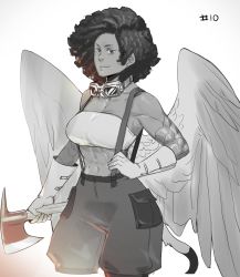 Rule 34 | 1girl, abs, absurdres, afro, axe, bare shoulders, breasts, commentary, cropped legs, feathered wings, gloves, goggles, goggles around neck, greyscale, hand on own hip, high-waist shorts, highres, holding, holding axe, large breasts, less, medium hair, midriff, monochrome, muscular, muscular female, original, puffy shorts, scales, shorts, simple background, smile, solo, strapless, suspender shorts, suspenders, tail, tube top, white background, wings