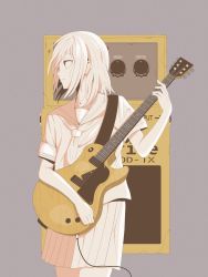 Rule 34 | 1girl, bad id, bad pixiv id, cowboy shot, effects pedal, electric guitar, gibson les paul, grey background, guitar, highres, instrument, limited palette, original, pleated skirt, profile, sailor collar, short hair, short sleeves, skirt, solo, white neckwear, white sailor collar, white skirt, yasou0049