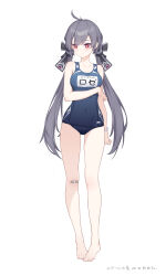 Rule 34 | 1girl, absurdres, ahoge, bandaid, bandaid on knee, bandaid on leg, bare arms, bare legs, bare shoulders, barefoot, blue one-piece swimsuit, blush, breasts, closed mouth, commentary request, covered navel, full body, grey hair, hair between eyes, highres, long hair, looking to the side, low twintails, medium breasts, name tag, nhan, old school swimsuit, one-piece swimsuit, red eyes, school swimsuit, simple background, sky striker ace - roze, solo, swimsuit, twintails, very long hair, white background, yu-gi-oh!