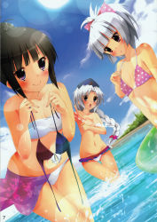 Rule 34 | 3girls, absurdres, alternate eye color, alternate hairstyle, alternate headwear, assisted exposure, bikini, unworn bikini top, black hair, blue eyes, blue sky, blush, bow, braid, breast envy, clothes theft, cloud, covering privates, covering breasts, day, embarrassed, flat chest, fujiwara no mokou, hair bow, hair ribbon, hat, highres, houraisan kaguya, looking at viewer, midriff, multiple girls, navel, nironiro, nurse cap, open mouth, outdoors, outstretched arm, panties, partially submerged, polka dot, polka dot bikini, polka dot swimsuit, ponytail, purple eyes, ribbon, scan, scan artifacts, silver hair, single braid, sky, smile, sunlight, swimsuit, swimsuit theft, theft, touhou, underwear, water, wet, yagokoro eirin