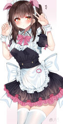 Rule 34 | 1girl, akiba maid sensou, animal ears, black dress, blush, bow, bowtie, brown eyes, brown hair, chinese commentary, commentary, dress, fake animal ears, frilled dress, frilled skirt, frills, hands up, highres, long hair, looking at viewer, maid, pink bow, pink bowtie, simple background, skirt, solo, thighhighs, v, wahira nagomi, white background, white thighhighs, wrist cuffs, xianyuus nw, zettai ryouiki