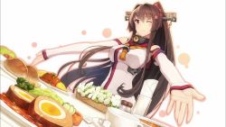 Rule 34 | 10s, 1girl, ;), bare shoulders, bread, breasts, brown eyes, brown hair, cherry blossoms, eyecatch, female focus, flower, food, hair flower, hair intakes, hair ornament, headgear, highres, kantai collection, large breasts, long hair, long sleeves, matching hair/eyes, napkin, non-web source, official art, omelet, omurice, one eye closed, outstretched arms, peas, plate, ponytail, salt shaker, screencap, shizuma yoshinori, sleeves past wrists, smile, solo, sparkle, table, very long hair, wink, yamato (kancolle)