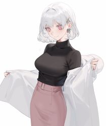 Rule 34 | 1girl, breasts, commentary request, hair between eyes, hair intakes, highres, long sleeves, looking at viewer, medium breasts, ohisashiburi, pink eyes, see-through, short hair, simple background, smile, solo, white background, white hair