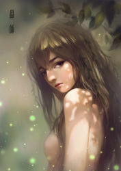 Rule 34 | 1girl, 6cat, absurdres, breasts, brown eyes, brown hair, completely nude, dappled sunlight, eyelashes, fireflies, from side, hair vines, highres, kaya (mushishi), long hair, looking at viewer, looking back, mushishi, nude, plant, sideways glance, small breasts, solo, sunlight, upper body, vines